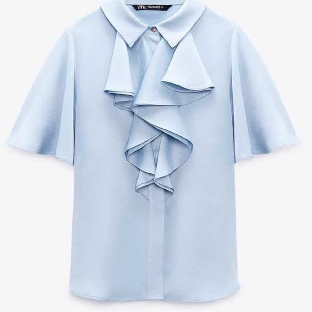 💙 Zara Light Blue Ruffle Front Blouse - Size M